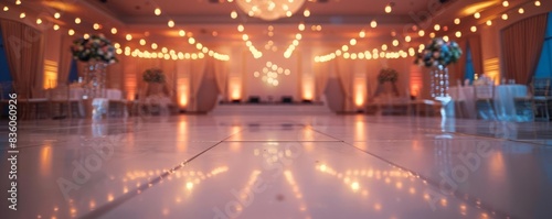 Wedding Dance Floor Focus on a decorated dance floor with string lights and a DJ setup, with a reception hall background, empty space left for text marry valentine