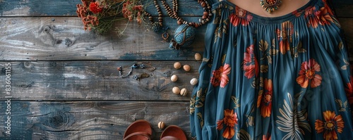 A flat lay of a floral print maxi dress, statement necklace, and a pair of sandals on a wooden surface