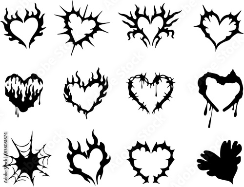  Icon set of heart with gothic goth rock punk retro style. Stylish heart tattoo sticker. Flame flamed shape. Flat icons vector illustrations isolated on transparent background