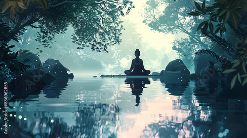 Peaceful illustration of a person meditating in a serene outdoor environment, symbolizing inner peace and relaxation