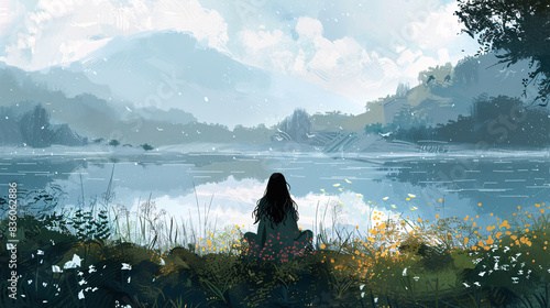 Peaceful landscape illustration of a woman contemplating near a lake, symbolizing harmony with nature and inner peace