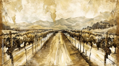 Sepia-toned illustration of a vineyard with mountains in the background. Concept of agriculture, history, and vintage aesthetics.