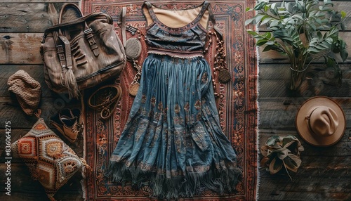 A flat lay design with a bohemian maxi skirt, crop top, and a fringed bag on a rustic wood surface
