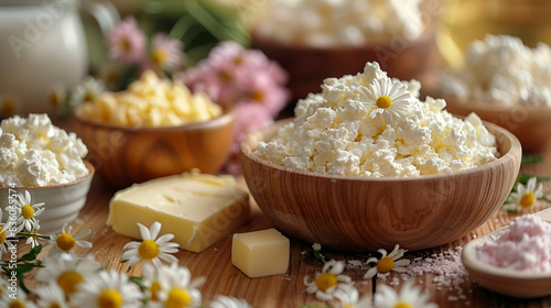 Close-up image of wooden table with bowl of fresh cottage cheese, block of butter, pitcher of milk. Dairy products