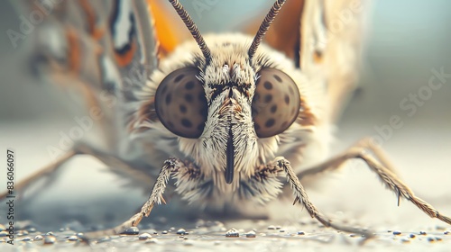 A close-up of a butterfly's head with large compound eyes and delicate antennae, resting on a white surface.