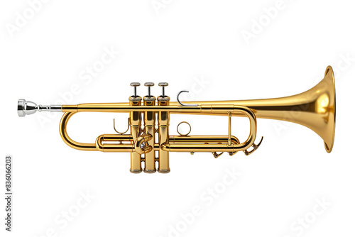 High-quality stock photo of a golden trumpet isolated on a transparent background. showing intricate details and craftsmanship of the musical instrument.