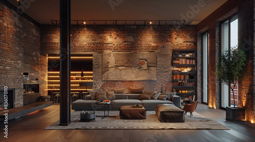 Stylish urban living space with chic minimalist design, warm lighting, and comfortable accessories