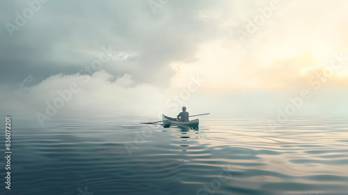 man paddling on a canoe lost in the sea
