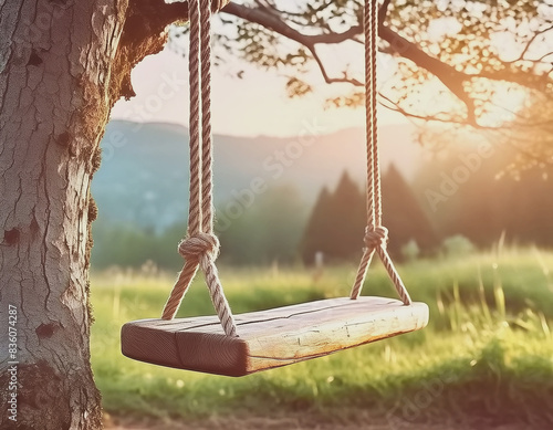Simple Wood Swing with Rope Hanging from Tree Limb in Summer Tradition AI