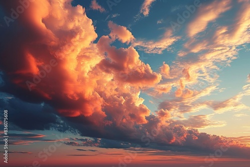 Sky at sunset, sky at sunrise, clouds, orange clouds cirrus clouds, cumulus clouds, sky gradient, sky background at dusk, twilight, nightfall, pink sky, pink clouds, sun, environment, Generative AI