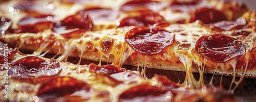 Closeup of a pepperoni pizza slice being pulled from the pie, cheese stretching, party atmosphere, vibrant colors