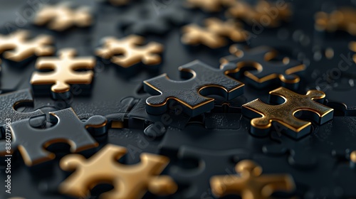Close up of gold and black puzzle pieces on dark background, symbolizing the idea that each piece is essential for creating an entire picture. Business, standout concept. Unique, leader, different.