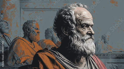 vintage illustration of Plato discussing Philosopher-King ideas and theory with peers
