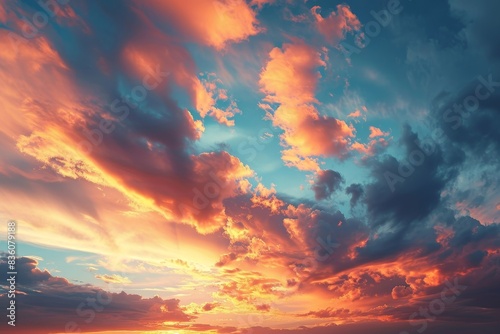 Sky at sunset, sky at sunrise, clouds, orange clouds cirrus clouds, cumulus clouds, sky gradient, sky background at dusk, twilight, nightfall, pink sky, pink clouds, sun, environment, Generative AI