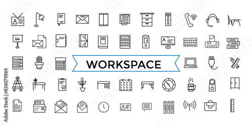 Office workspace elements line web icon set. Outline icons pack. Icon collection. Editable vector icon and illustration.