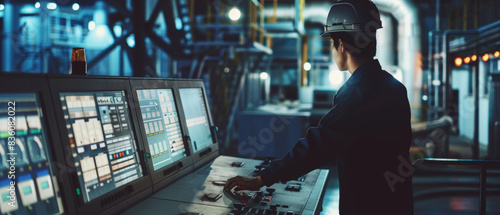 Engineer operates control panel in an industrial facility at night.