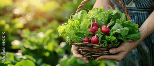 Close-up of a person holding a basket filled with freshly harvested radishes and leafy greens in a garden bathed in sunlight.