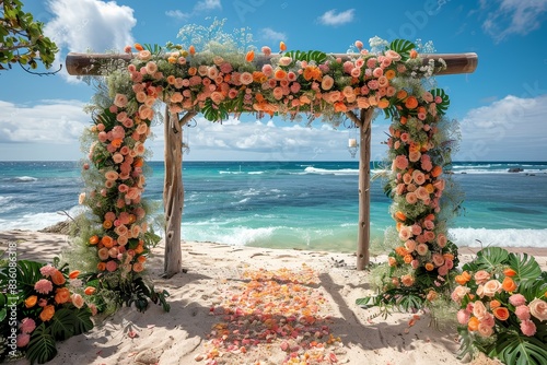 A tranquil beach wedding setup with a floral arch adorned with orange blossoms, overlooking the serene ocean