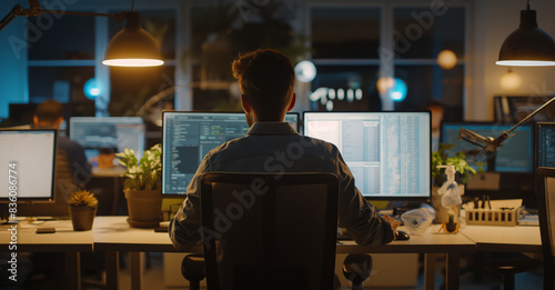 A man sits at his desk in front of two computer monitors, coding late at night. He is focused on his work, and the screen of his monitors reflects the blue light of his keyboard.