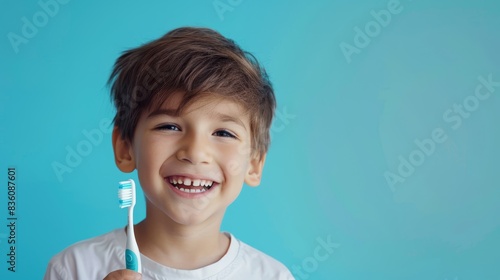 a young boy is smiling while holding a toothbrush 