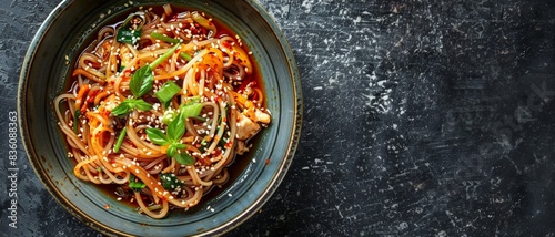 A bowl of noodles with vegetables and sauce on a rustic background.