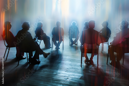 a long exposure photograph of Elderly people sit on chairs in a circle and talk. Alcoholics Anonymous meeting, motion blur