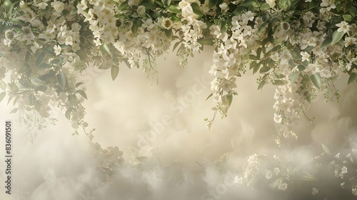 霧の雲と上からぶら下がっている白と緑の花