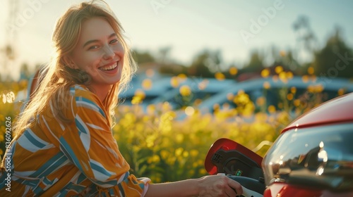 a woman is smiling while filling up her car 
