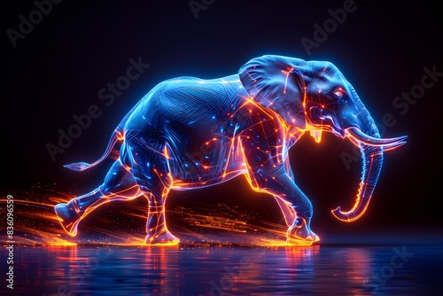 an elephant running with neon effect
