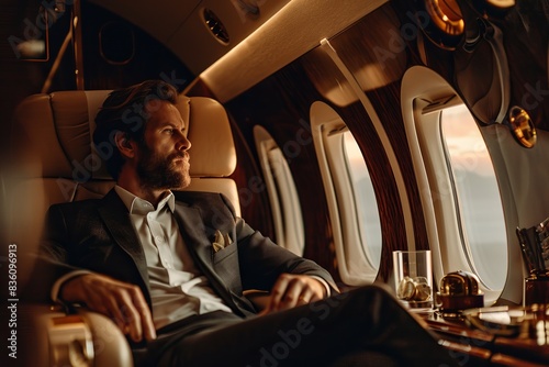Businessman in a luxurious private jet cabin