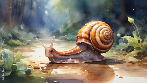 Watercolor painting: A garden snail leaving a glistening trail, its slow pace and unique locomotion a captivating study in nature,