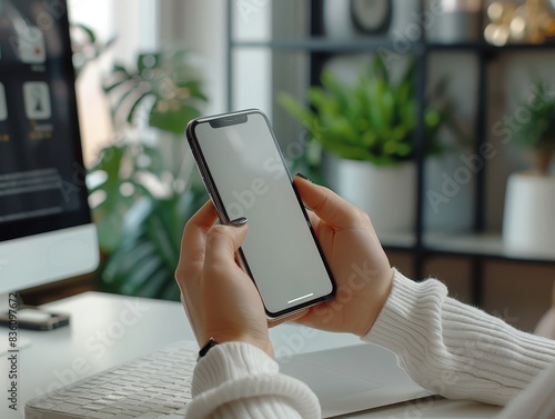 A close-up of a person using a smartphone to create a targeted ad campaign on a minimalist desk. The clean surroundings highlight the simplicity and effectiveness of mobile advertising.