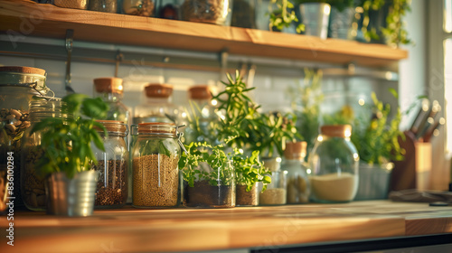 Spices in jars line the kitchen counter, bathed in sunlight, their vibrant colors and aromatic scents adding warmth and character to the space.