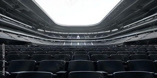 Empty modern sports stadium with black seats and symmetrical design no audience. Concept - Modern Architecture.- Sports Venue.- Empty Stadium.- Symmetrical Design.- Black Seats