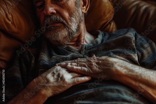 an elderly man is sleeping on a couch 
