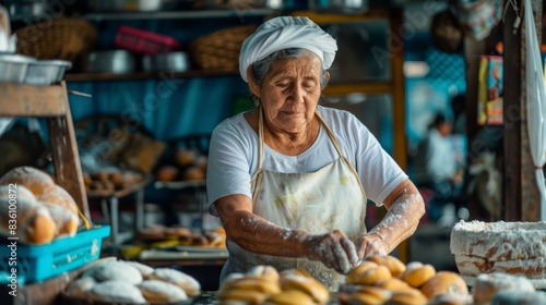 an elderly woman making bread in a bakery 