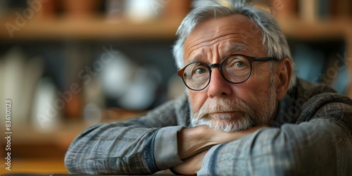 Elderly man in glasses at home table stressed tired and anxious. Concept Aging, Stress, Elderly Care, Mental Health, Home Environment