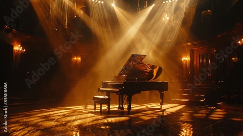 A grand piano sits center stage bathed in warm spotlights, ready for a performance. The dark background and dramatic lighting create a sense of anticipation and elegance.