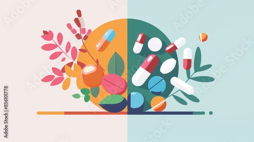 Illustration comparing natural medicine and pharmaceutical drugs with colorful elements representing both approaches to healthcare.