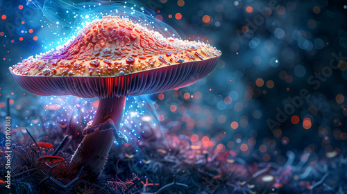 close-up of a red toadstool with a white dot that magically glows in a beautiful place where it grows