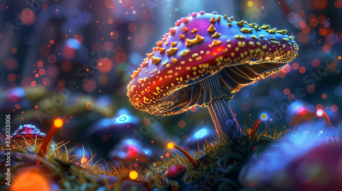 close-up of a red toadstool with a white dot that magically glows in a beautiful place where it grows