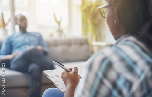 A therapist is taking notes during a psychology session. The therapist is seated, facing a client who is sitting on a couch. The therapist is writing in a notebook with a pen. The client is out of