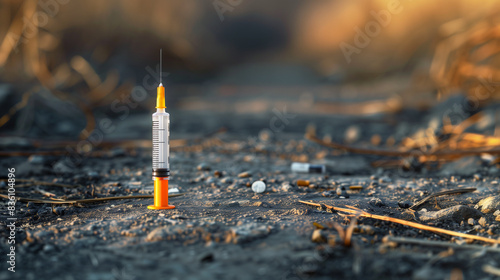 a used syringe that lies on the ground with the needle up, creating the danger of being injured and infected by it, the problem of drug addiction and unclean streets