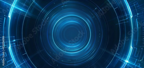 Blue technology background, with a blue gradient and light speed lines and curved circular shapes in the center of the screen, in a simple style. The overall color tone is a dark blue