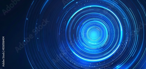Blue technology background, with a blue gradient and light speed lines and curved circular shapes in the center of the screen, in a simple style. The overall color tone is a dark blue
