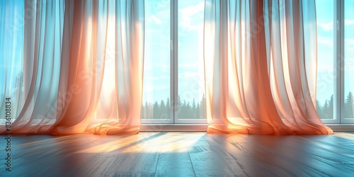 a room with sheer curtains and a light pink curtain on the side of the room and a light pink curtain on the other side of the room. copy space