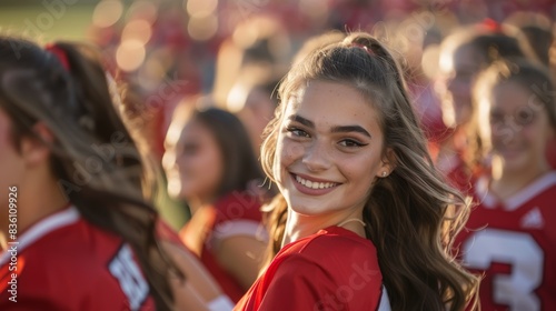 Cheerleader portrait, start or girl cheerleading in huddle with support, hope or faith on field in line. Happy cheerleading team with pride, aims, or solidarity
