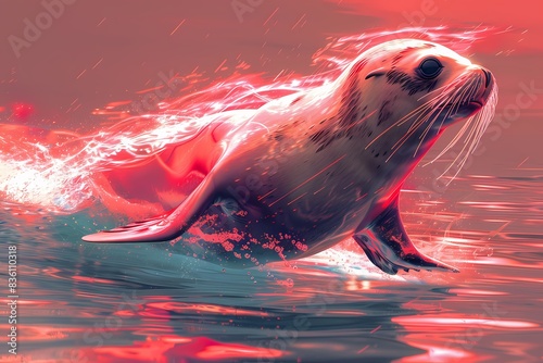 a sea lion running with neon effect