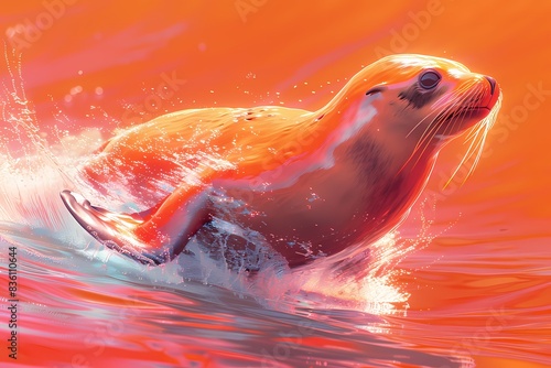 a sea lion running with neon effect