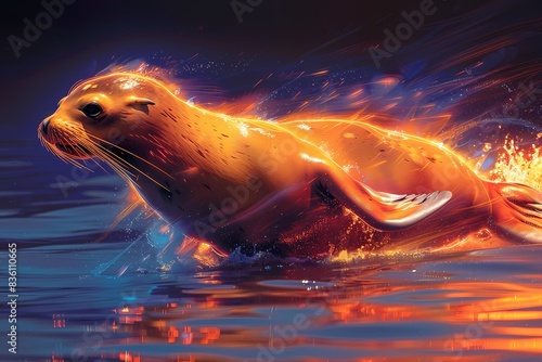 a sea lion running with neon effect